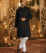 Black embroidered silk blend straight kurta