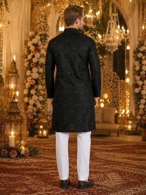 Black embroidered silk blend straight kurta 2