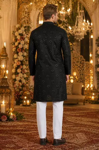 Black embroidered silk blend straight kurta