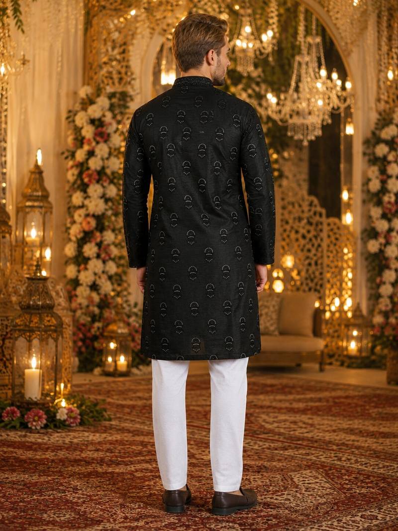 Black embroidered silk blend straight kurta