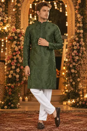 Green embroidered silk blend straight kurta