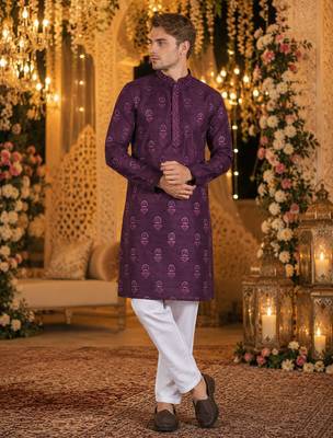 Purple embroidered silk blend straight kurta 1