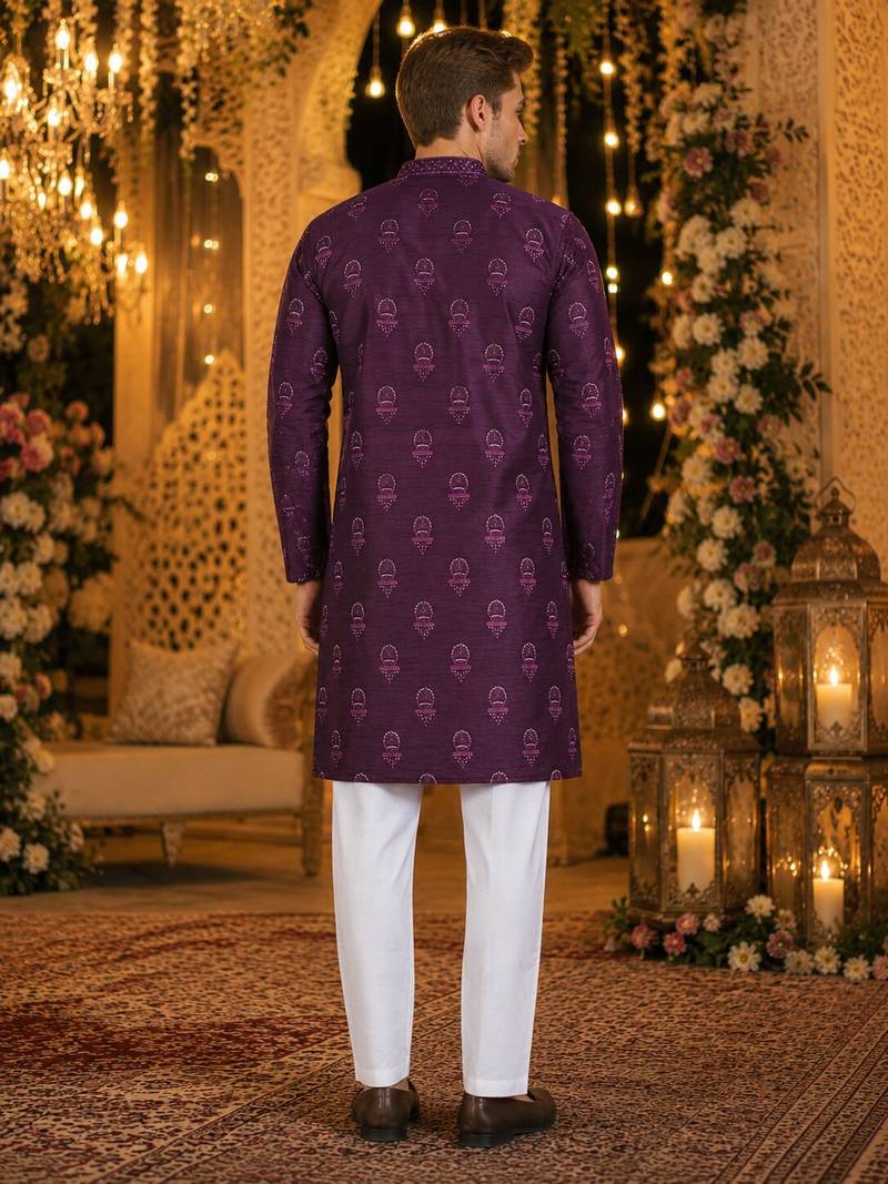 Purple embroidered silk blend straight kurta