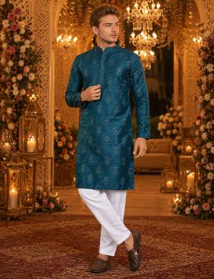 Teal embroidered silk blend straight kurta 1