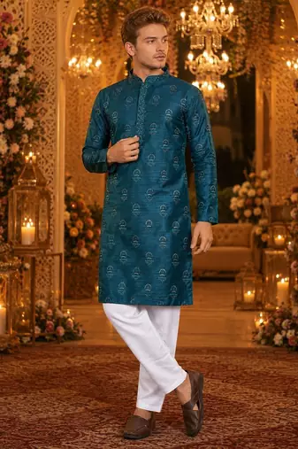 Teal embroidered silk blend straight kurta