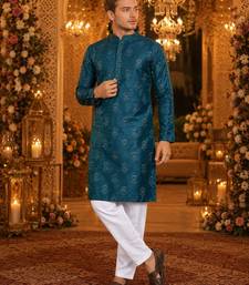 Teal embroidered silk blend straight kurta