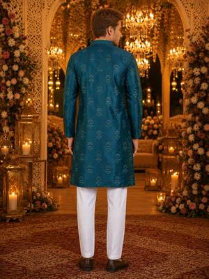 Teal embroidered silk blend straight kurta 2