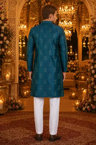 Teal embroidered silk blend straight kurta
