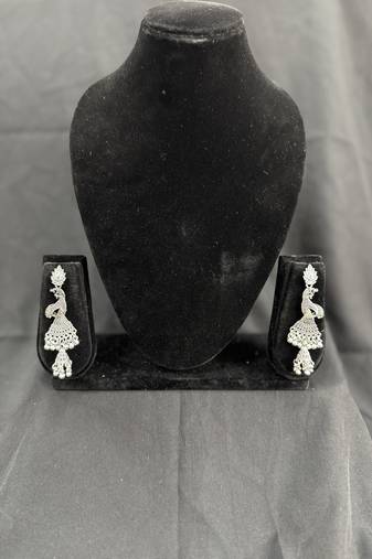 Oxidised Silver Peacock Jhumka Earrings for Women, Traditional Long Drop Earrings for Navratri Garba Wedding