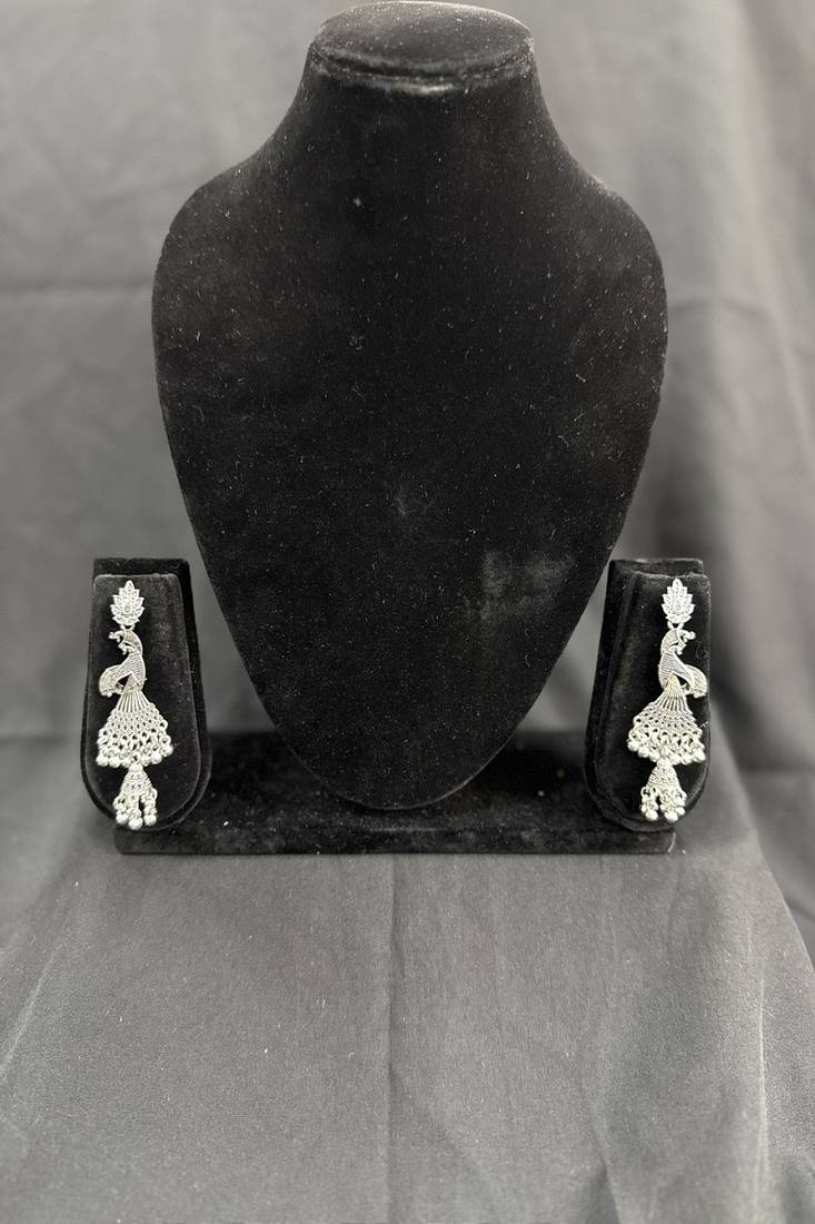 Oxidised Silver Peacock Jhumka Earrings for Women, Traditional Long Drop Earrings for Navratri Garba Wedding