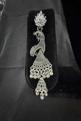Oxidised Silver Peacock Jhumka Earrings for Women, Traditional Long Drop Earrings for Navratri Garba Wedding 2