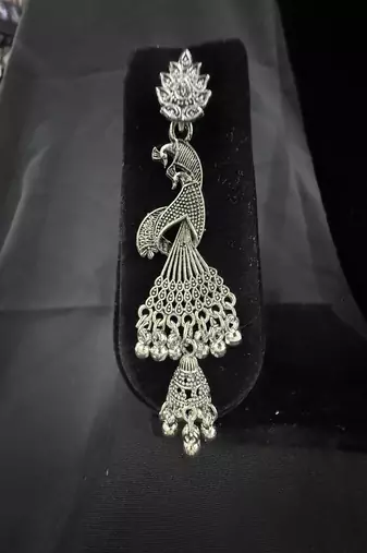 Oxidised Silver Peacock Jhumka Earrings for Women, Traditional Long Drop Earrings for Navratri Garba Wedding