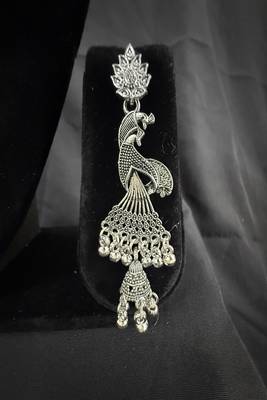 Oxidised Silver Peacock Jhumka Earrings for Women, Traditional Long Drop Earrings for Navratri Garba Wedding 3