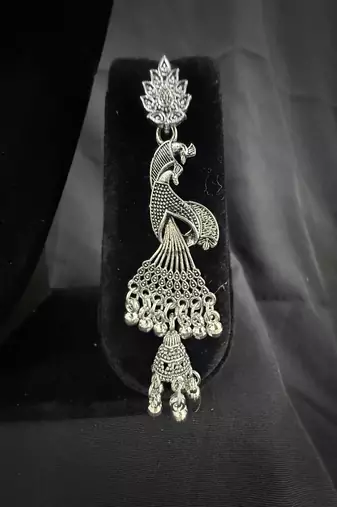Oxidised Silver Peacock Jhumka Earrings for Women, Traditional Long Drop Earrings for Navratri Garba Wedding