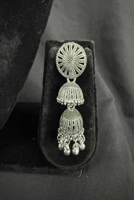 Oxidised Silver Double Jhumka Earrings for Women, Traditional Long Drop Ethnic Jewellery for Navratri Garba Wedding 1