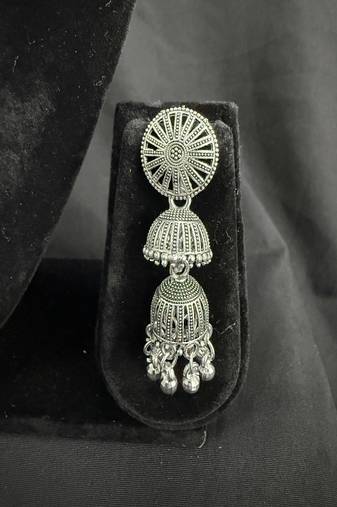 Oxidised Silver Double Jhumka Earrings for Women, Traditional Long Drop Ethnic Jewellery for Navratri Garba Wedding
