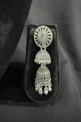 Oxidised Silver Double Jhumka Earrings for Women, Traditional Long Drop Ethnic Jewellery for Navratri Garba Wedding