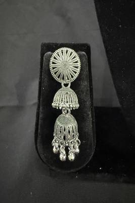 Oxidised Silver Double Jhumka Earrings for Women, Traditional Long Drop Ethnic Jewellery for Navratri Garba Wedding 2