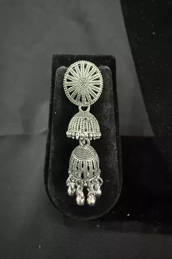 Oxidised Silver Double Jhumka Earrings for Women, Traditional Long Drop Ethnic Jewellery for Navratri Garba Wedding