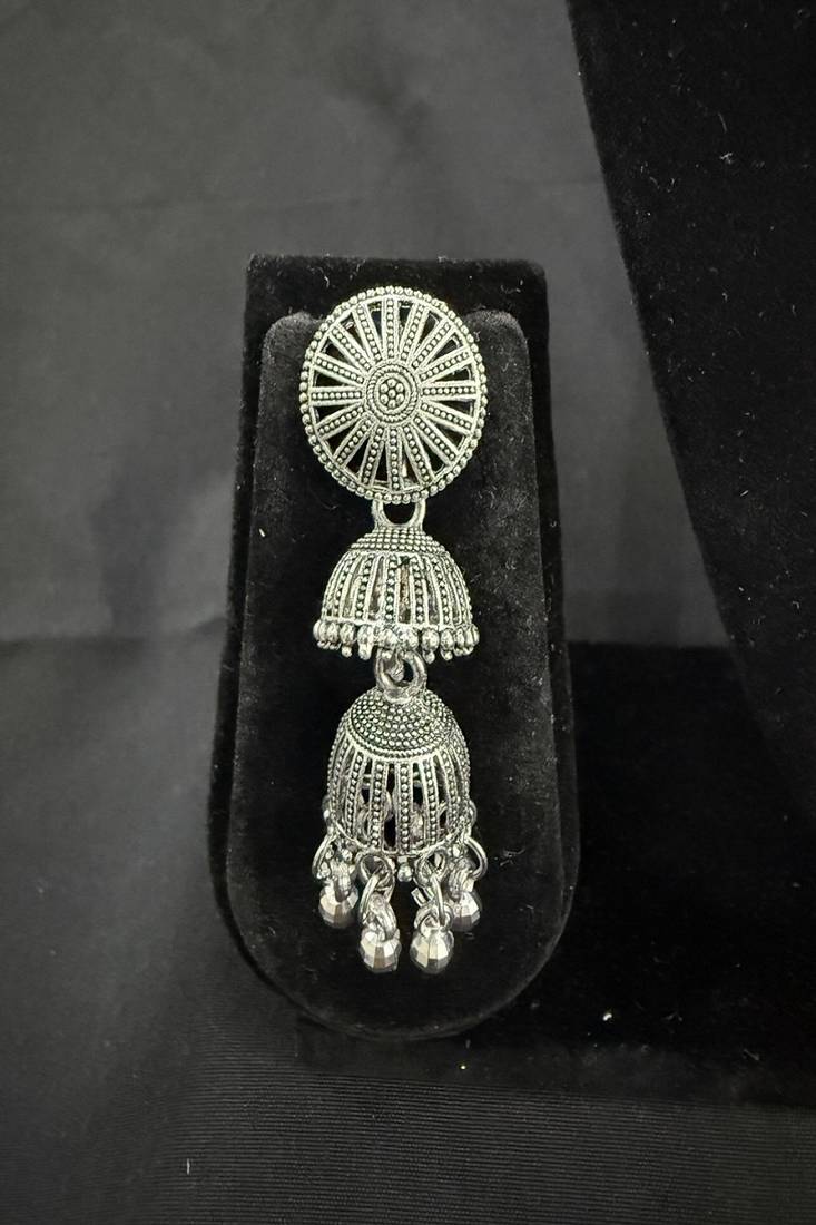 Oxidised Silver Double Jhumka Earrings for Women, Traditional Long Drop Ethnic Jewellery for Navratri Garba Wedding