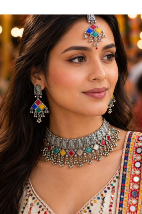 Oxidised Silver Multicolor Choker Necklace Set with Earrings & Maang Tikka for Women, Navratri Garba Jewellery 1