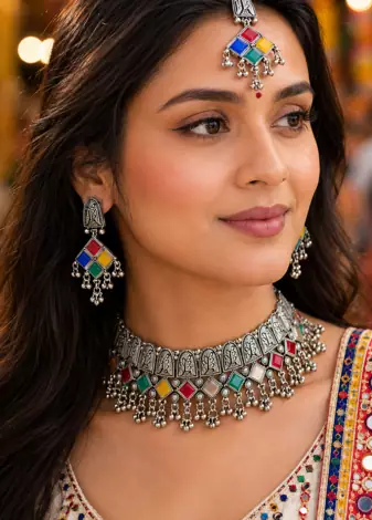 Oxidised Silver Multicolor Choker Necklace Set with Earrings & Maang Tikka for Women, Navratri Garba Jewellery