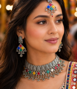 Oxidised Silver Multicolor Choker Necklace Set with Earrings & Maang Tikka for Women, Navratri Garba Jewellery