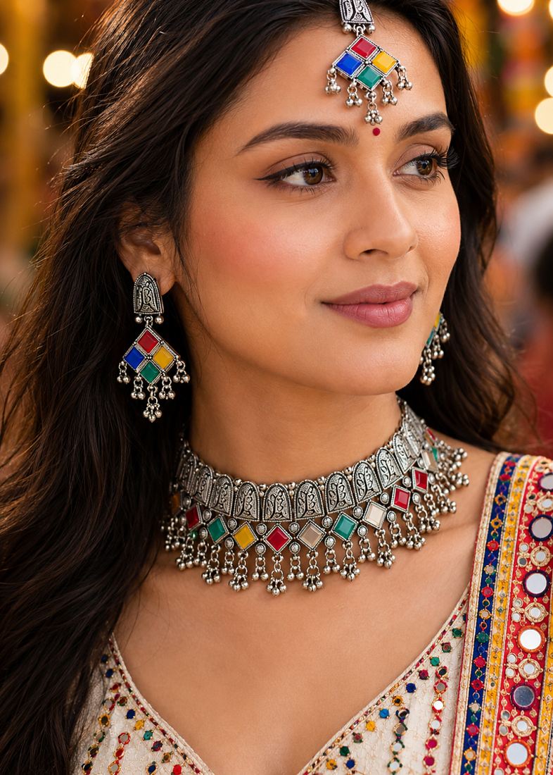 Oxidised Silver Multicolor Choker Necklace Set with Earrings & Maang Tikka for Women, Navratri Garba Jewellery