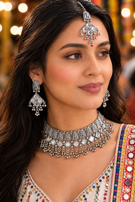 Oxidised Silver Multicolor Choker Necklace Set with Earrings & Maang Tikka for Women, Navratri Garba Jewellery 1