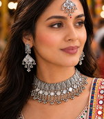 Oxidised Silver Multicolor Choker Necklace Set with Earrings & Maang Tikka for Women, Navratri Garba Jewellery