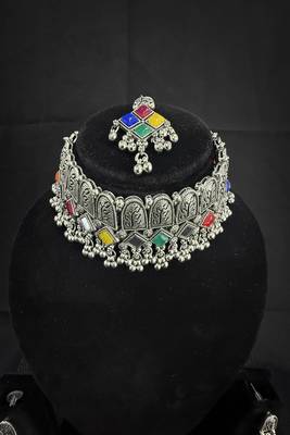 Oxidised Silver Multicolor Choker Necklace Set with Earrings & Maang Tikka for Women, Navratri Garba Jewellery 2