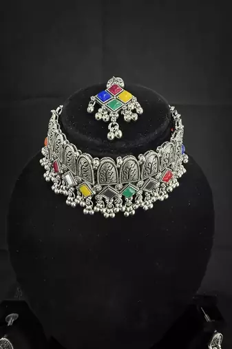 Oxidised Silver Multicolor Choker Necklace Set with Earrings & Maang Tikka for Women, Navratri Garba Jewellery