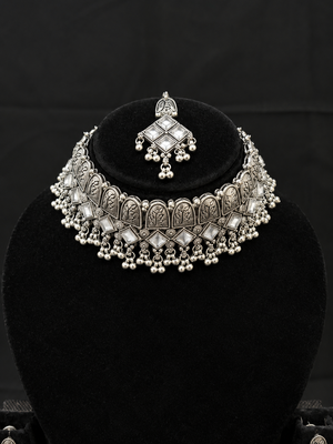 Oxidised Silver Multicolor Choker Necklace Set with Earrings & Maang Tikka for Women, Navratri Garba Jewellery 2