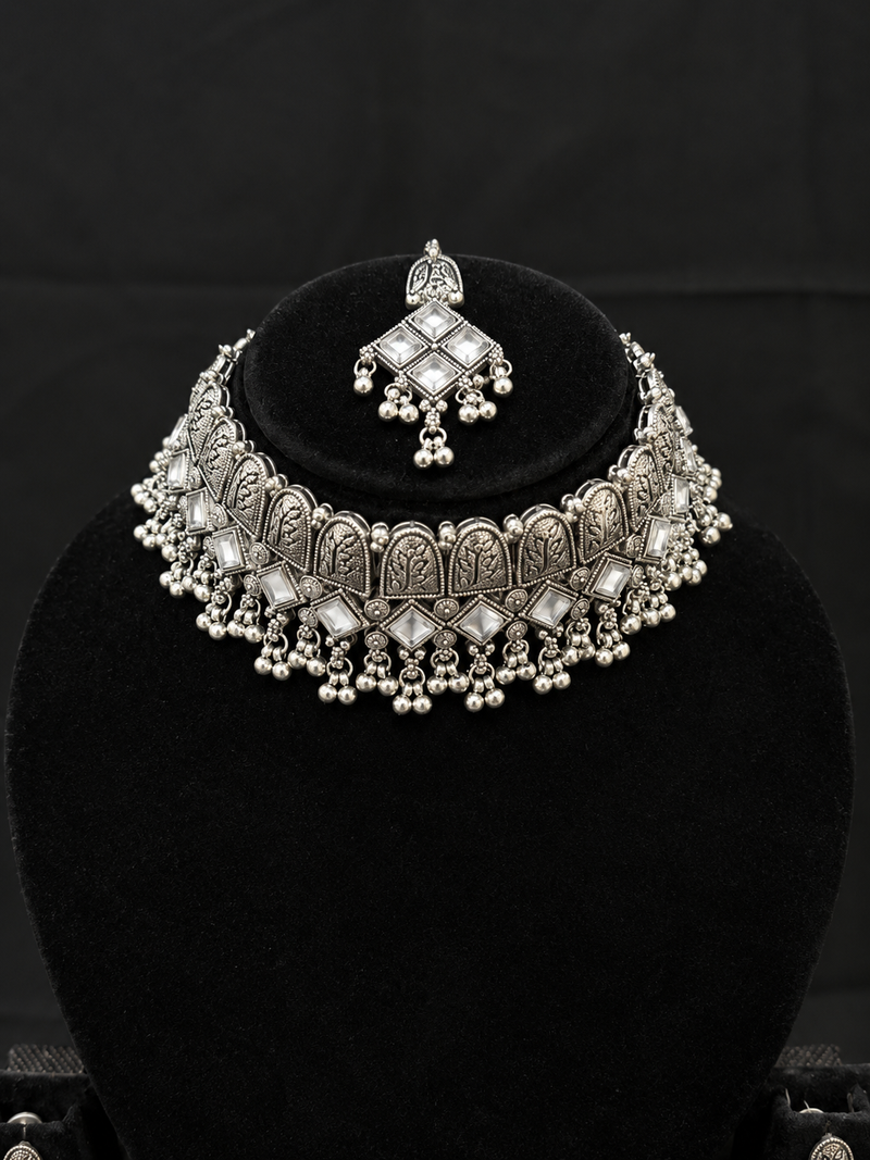 Oxidised Silver Multicolor Choker Necklace Set with Earrings & Maang Tikka for Women, Navratri Garba Jewellery