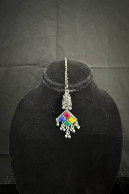 Oxidised Silver Multicolor Choker Necklace Set with Earrings & Maang Tikka for Women, Navratri Garba Jewellery 3