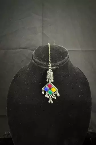 Oxidised Silver Multicolor Choker Necklace Set with Earrings & Maang Tikka for Women, Navratri Garba Jewellery