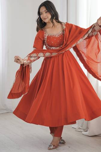 Trendy Silk blend  and heavy embroidery sequence  work rust readymade ethnic gown