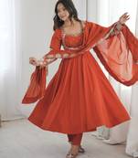 Trendy Silk blend  and heavy embroidery sequence  work rust readymade ethnic gown