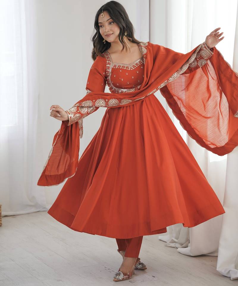 Trendy Silk blend  and heavy embroidery sequence  work rust readymade ethnic gown