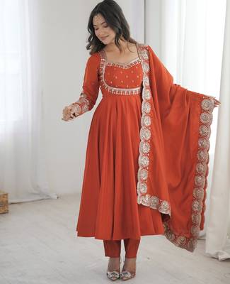 Trendy Silk blend  and heavy embroidery sequence  work rust readymade ethnic gown 2