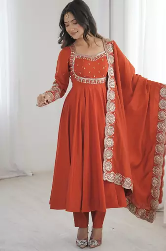 Trendy Silk blend  and heavy embroidery sequence  work rust readymade ethnic gown