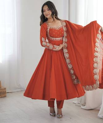 Trendy Silk blend  and heavy embroidery sequence  work rust readymade ethnic gown 3