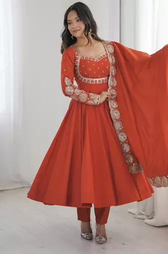Trendy Silk blend  and heavy embroidery sequence  work rust readymade ethnic gown