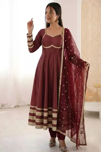 Heavy georgette and heavy embroidery sequence  work wine readymade ethnic gown