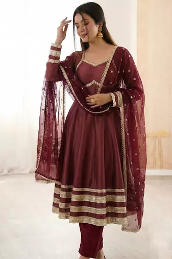 Heavy georgette and heavy embroidery sequence  work wine readymade ethnic gown