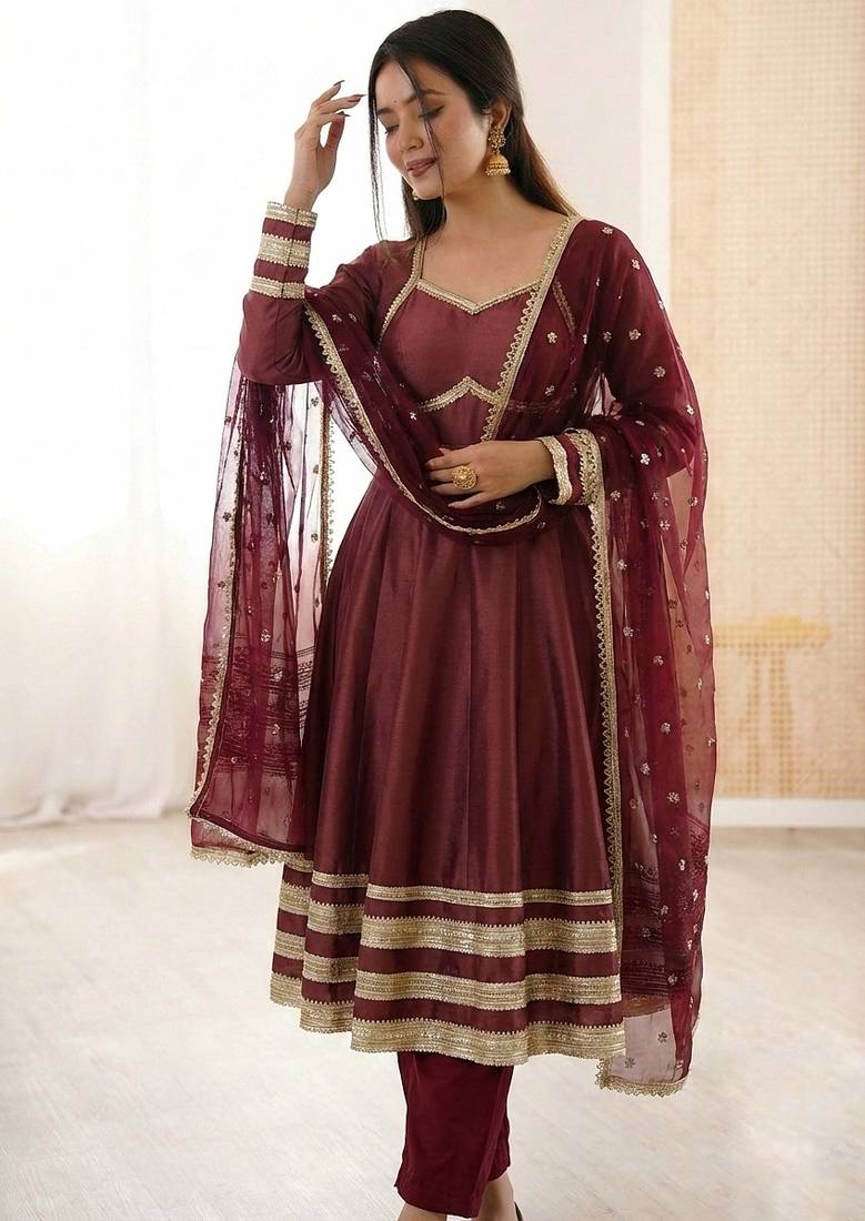 Heavy georgette and heavy embroidery sequence  work wine readymade ethnic gown
