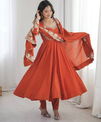 Trendy Silk blend  and heavy embroidery sequence  work rust readymade ethnic gown 4