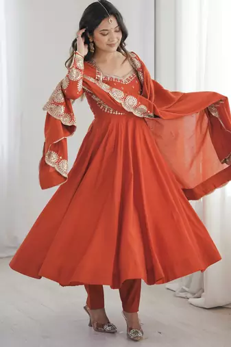 Trendy Silk blend  and heavy embroidery sequence  work rust readymade ethnic gown