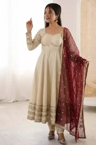 Heavy georgette and heavy embroidery sequence  work off white readymade ethnic gown