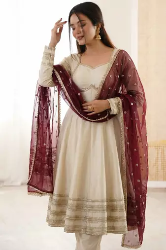 Heavy georgette and heavy embroidery sequence  work off white readymade ethnic gown
